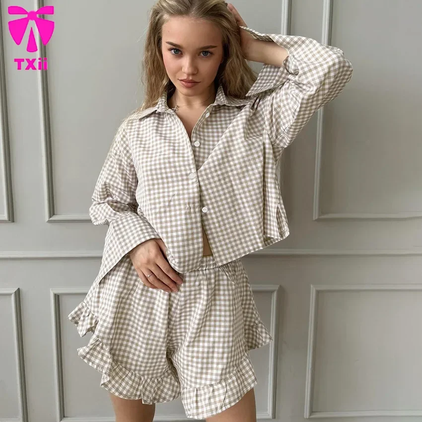 

TXii Новый клетчатый кардиган с длинным рукавом шорты Домашняя одежда осенняя хлопковая Свободная Повседневная Пижама для женщин
