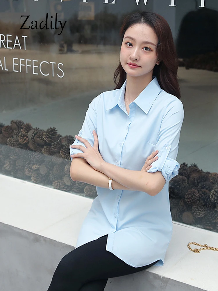 Minimalist Full Sleeve Women Long White Shirt And Blouse Korea Style Button Up Loose Tunic Autumn Turn Down Collar Bf Clothing