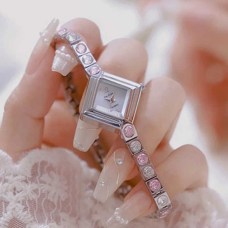Luxury Brand Sky Blue Rhinestone Chain Square Colored Bracelet Elegant Watch Dress for Wife's Birthday Gift FA1872