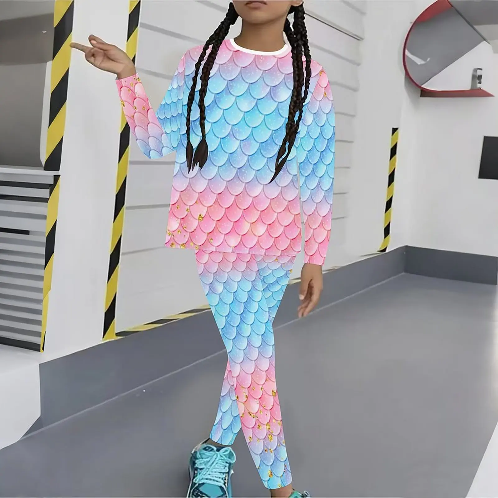 Winter Jogging Pants Girls Print Long Sleeve Round Neck Top Cute Two-Piece Daily Casual T-shirt Autumn Leggings