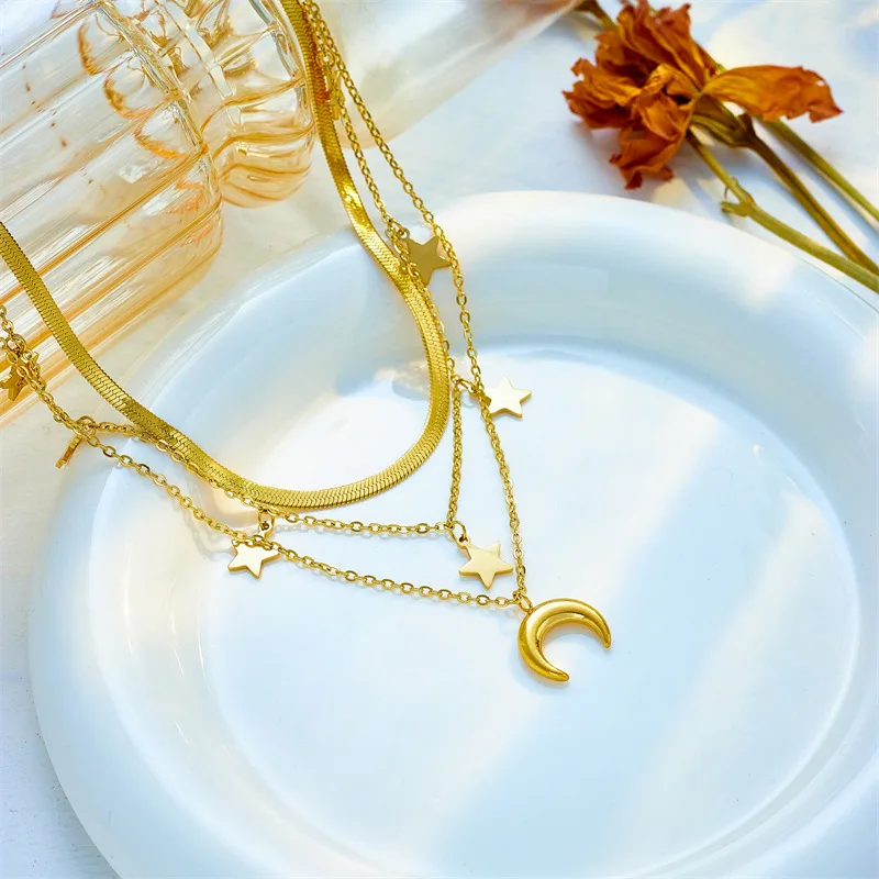 OIMG 316L Stainless Steel Gold Plated Multilayer Chain Moon Star Tassel Pendant Long Necklace For Women Party Jewelry Waterproof