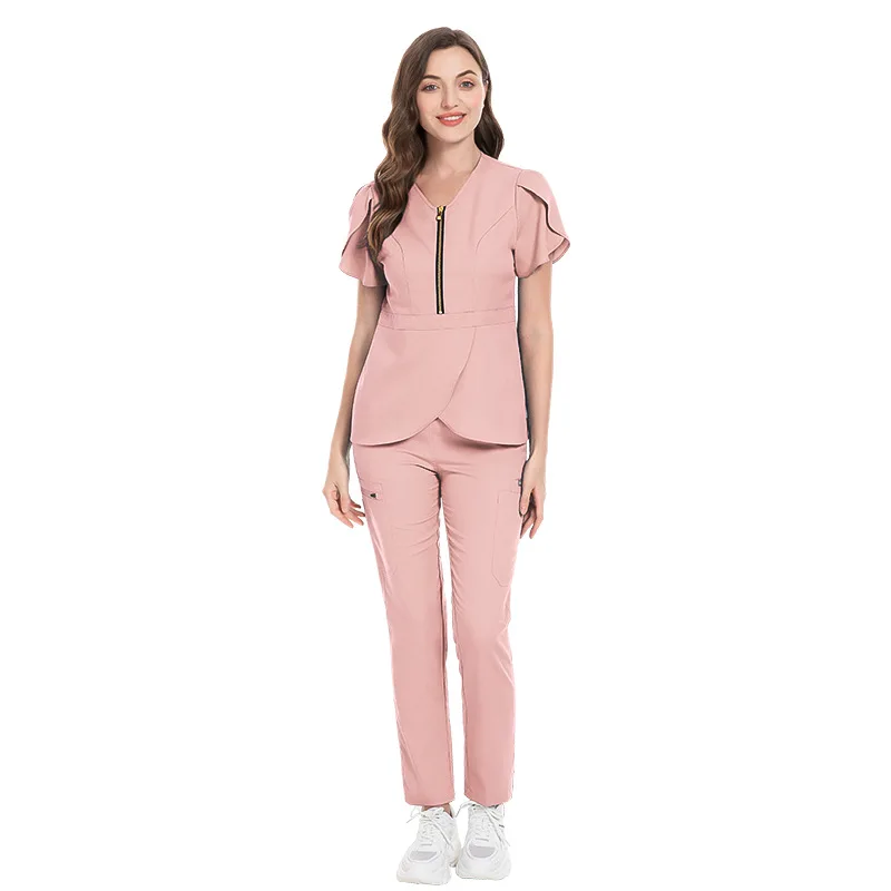 Wholesale Fashion Scrub Suits Hospital Uniform Set Solid Color Hospital Surgical Gown Pocket V-neck Scrubs Set for Women Joggers