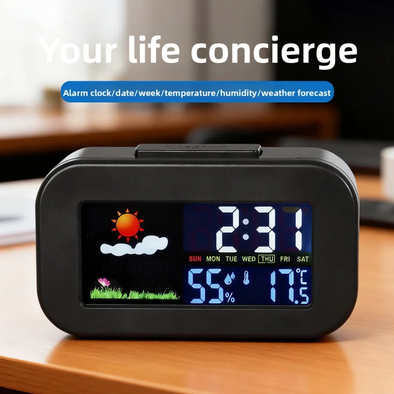 Multifunctional Color Screen Weather Clock Perpetual Calendar Temperature and Humidity Weather Forecast Backlit Alarm Clock Smar