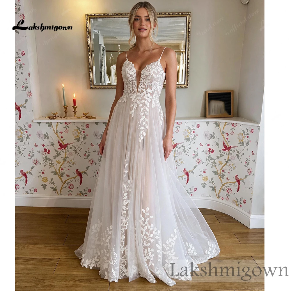 Lakshmigown Boho-Hochzeitskleid mit Spaghettiträgern, tiefem V-Ausschnitt, Illusionsmieder, A-Linie, Glitzer-Tüll-Brautkleid, maßgeschneidert – Detail 5