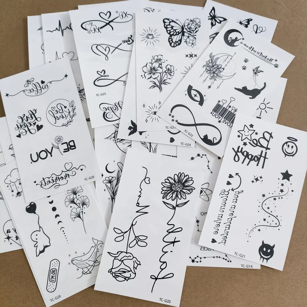 30 ورقة من ملصقات الوشم المؤقت على شكل زهرة سوداء وفراشة بأنماط صغيرة مقاومة للماء للنساء