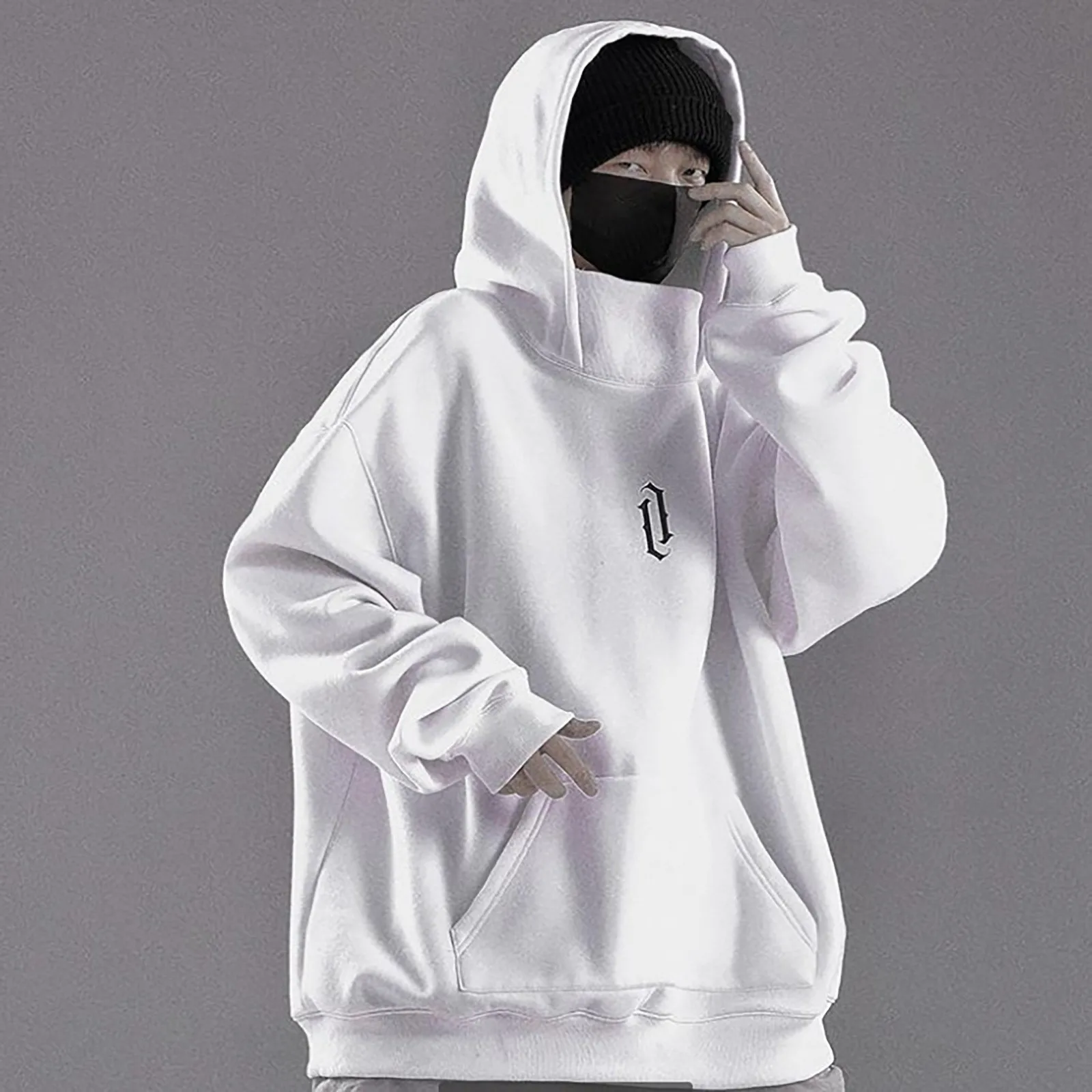 Jesienno-zimowa wysokiej bluza z kapturem i kołnierzem luźna wygodna męska odzież Harajuku odzież Streetwear w stylu hip-hop polarowa z kapturem w