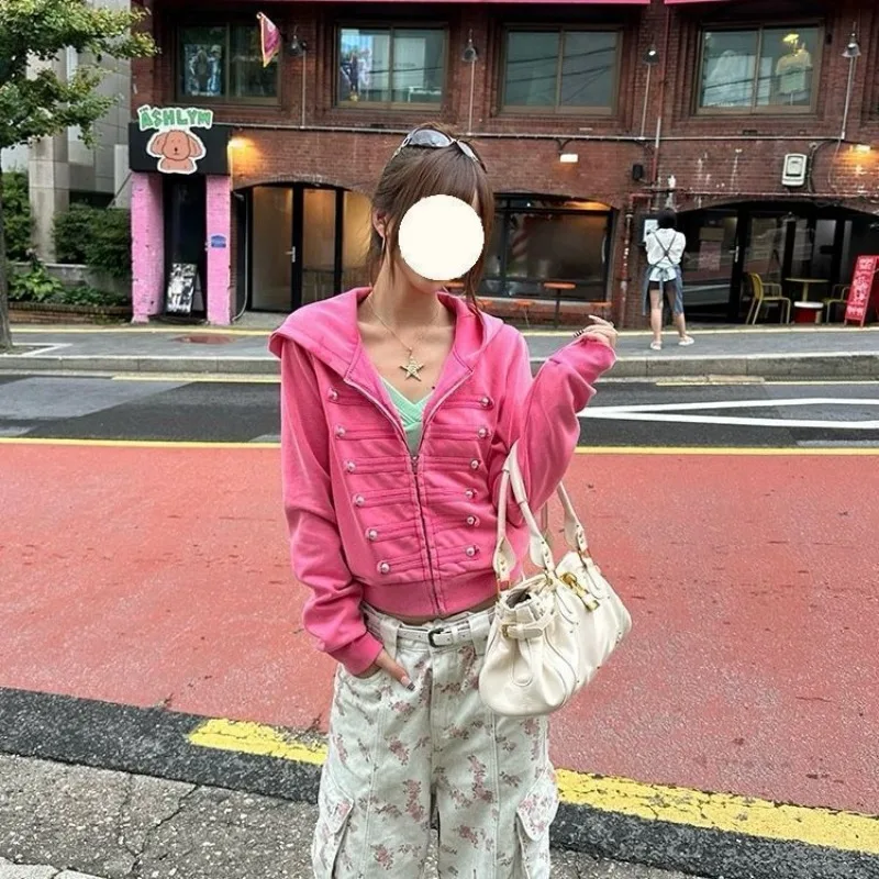 Kimotimo Harajuku Hoodie Women Punk Double-breasted Casual Solid Grunge Sweatshirt Autumn Y2k Aesthetic Slim Streetwear Jackets
