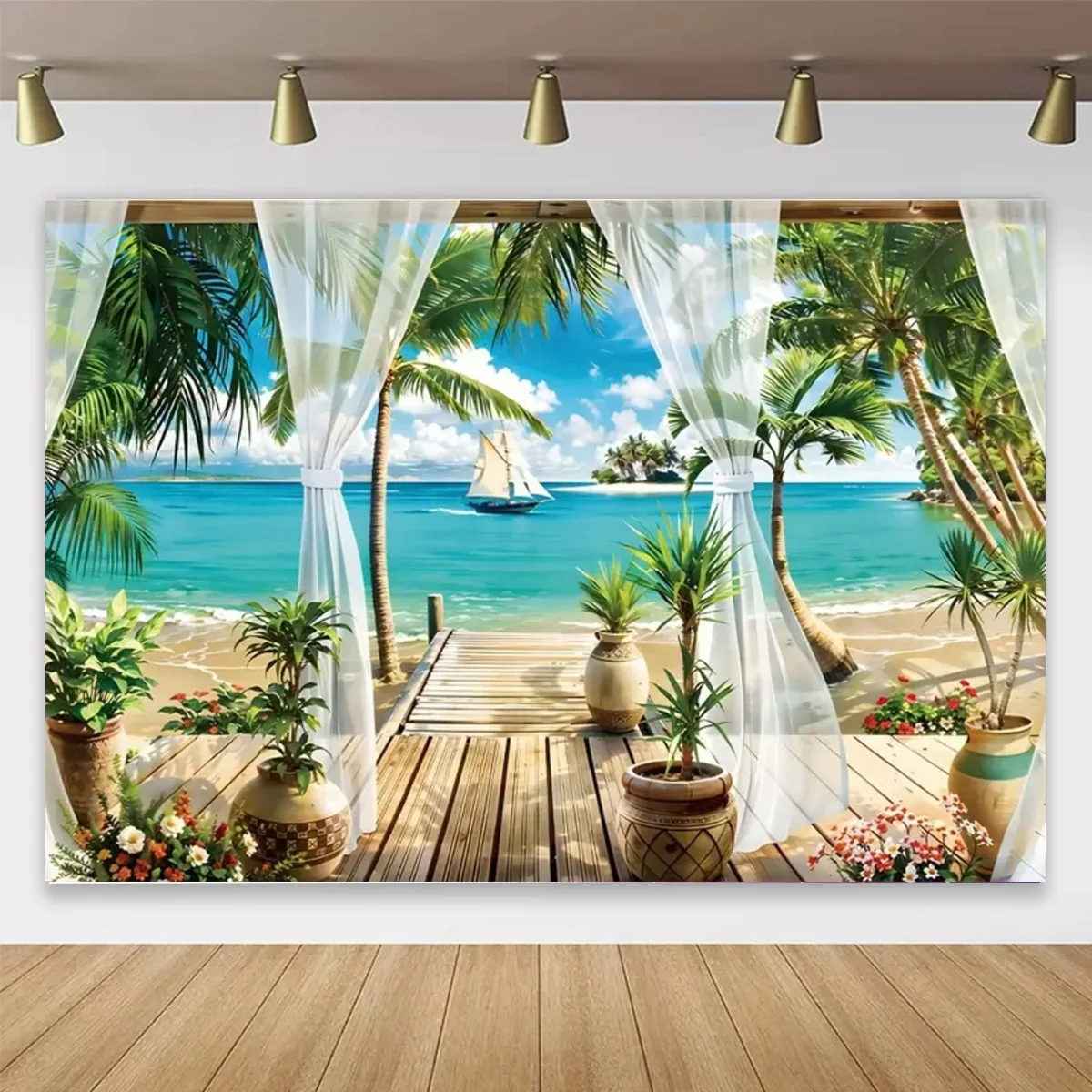 Summer Seaside Beach Backdrops for Photography Palm Tree Blue Sky Sunrise Sea Wave Backgrounds Hawaii Travel Party Decor Props