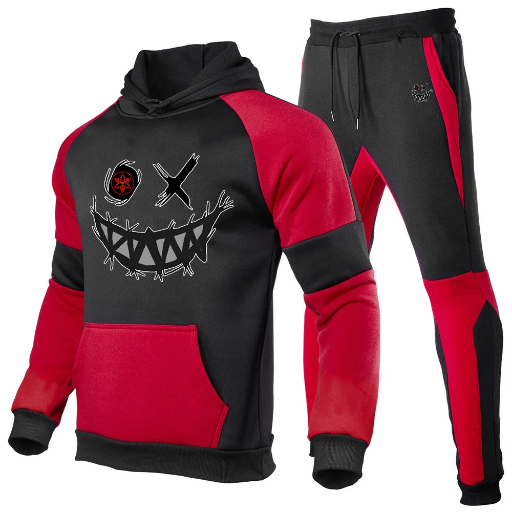2025 Spring And Autumn Devil's face HAHAHA New Men's Patchwork Color Suit Casual Hoodie+ Trouser Harajuku Popular Set