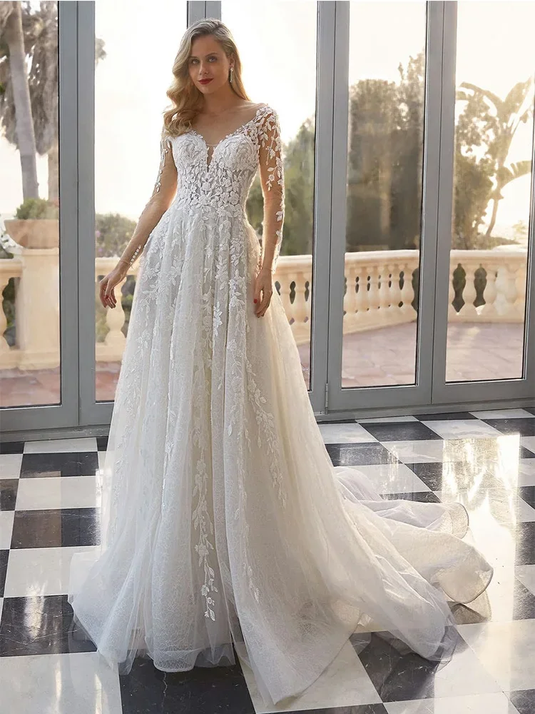

Элегантные свадебные платья трапециевидной формы с v-образным вырезом и кружевной аппликацией, свадебные платья со съемными рукавами длиной до пола, Vestidos De Mariee