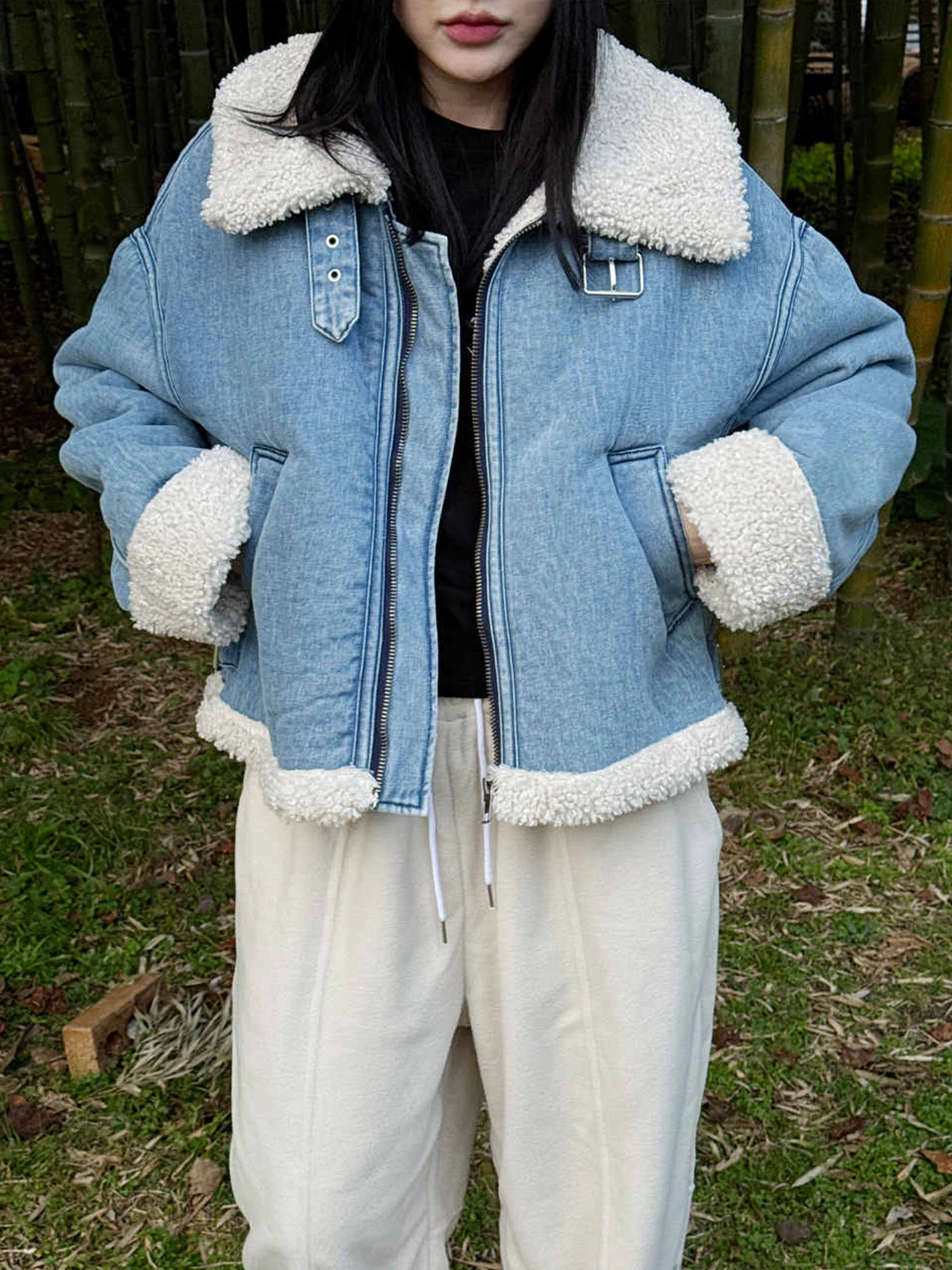 

Джинсовые пальто женские с ромбовидным мехом плюшевые женские осенние на пуговицах с капюшоном в стиле пэчворк верхняя одежда минималистичные куртки в клетку потертые городские