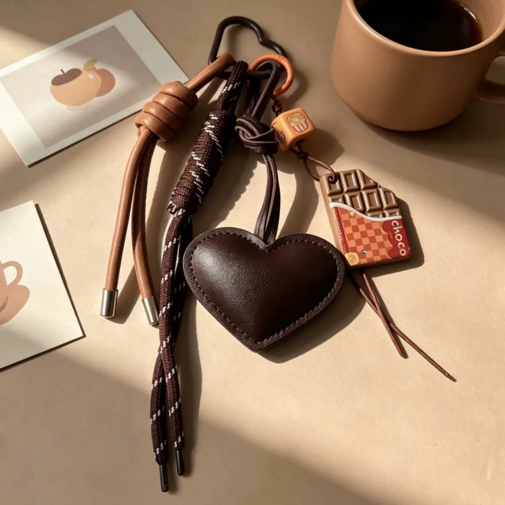 Heart Leather Bag Charm Keychain, Braided Cord & Acrylic Chocolate Pendant, Cute Food Themed Accessory for Women