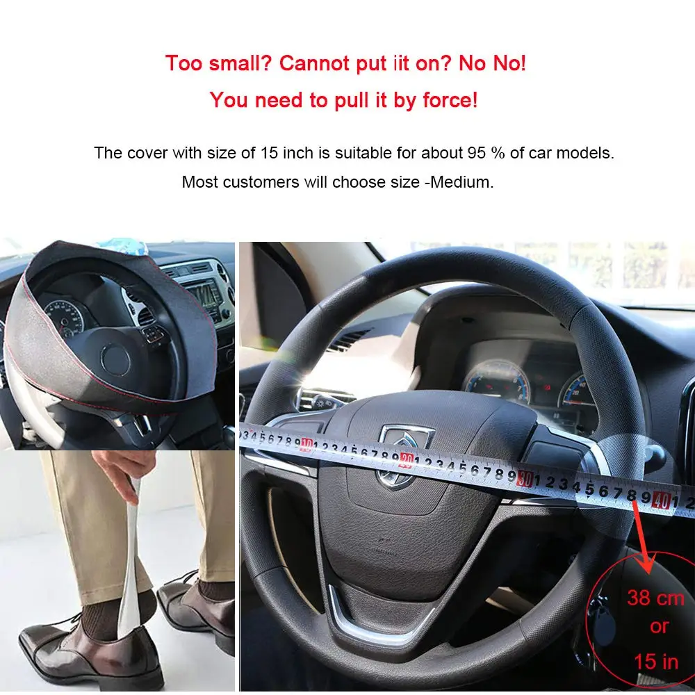 Universal Leather Car Steering Wheel Stitch On Wrap Cover DIY Sewing Breathable and Anti Slip, 15-Inch