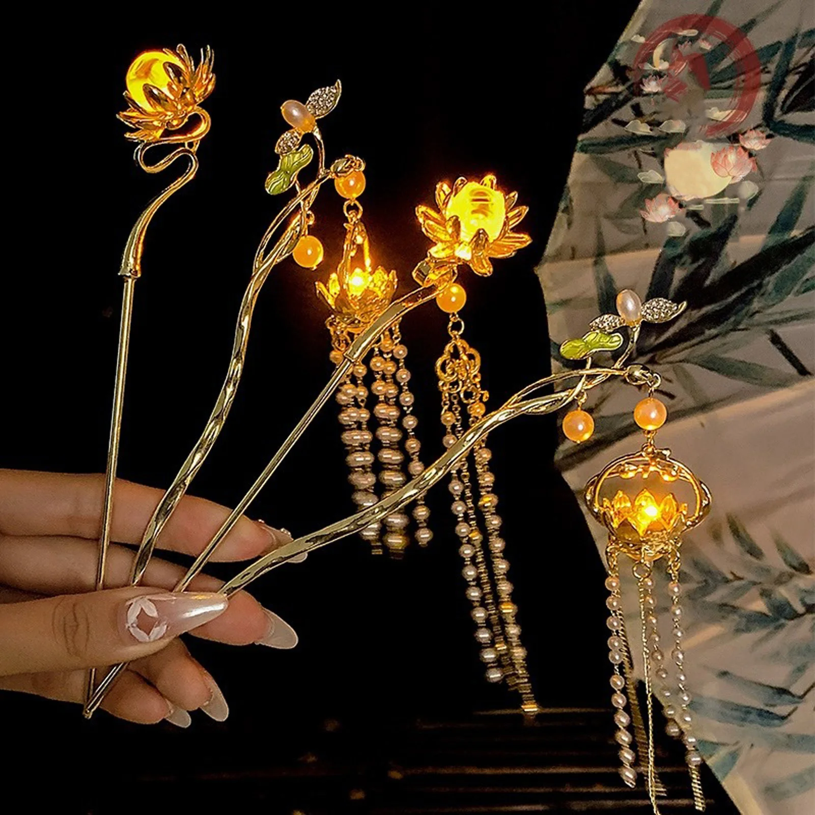 Luminous Flower Hairpin Women Vintage Chinese Style Lotus Tassel Hair Stick Metal Hair Accessories