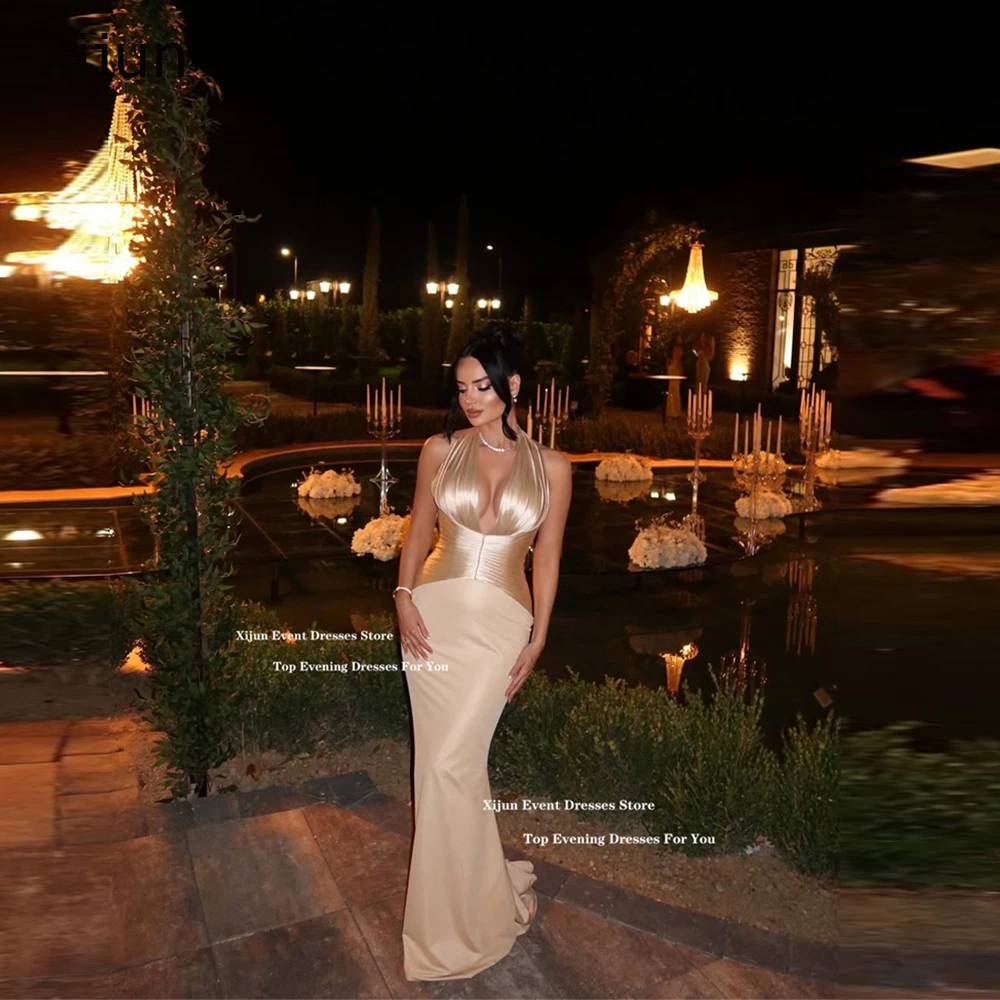 Xijun مثير الشمبانيا حورية البحر فساتين السهرة الرسن أكمام الخامس الرقبة فساتين لحضور الحفلات الموسيقية الرسمية العربية السعودية فساتين حفلات طويلة تخصيص