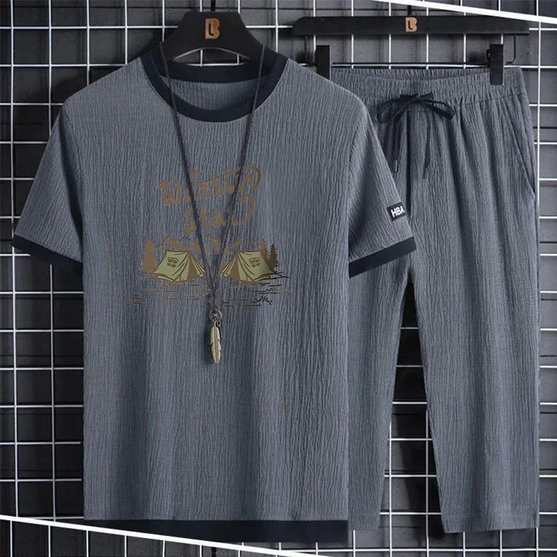 

Молодежный летний спортивный комплект: футболка с коротким рукавом и шорты-бриджи из полиэстера для мужчин