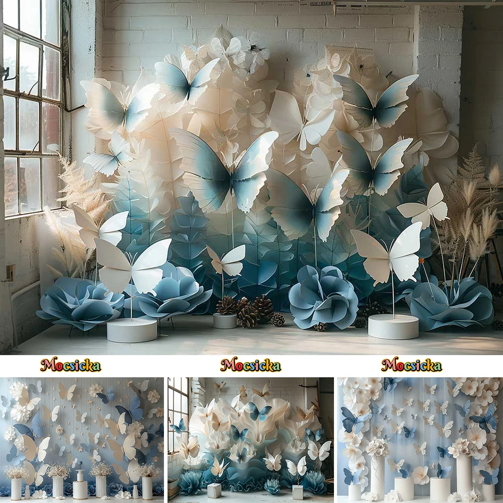 Mocsicka Blue Butterfly Wall Background Decor Girl Pregnant Woman Wedding Photo Backdrop White Flower Cylinder Photobooth Props