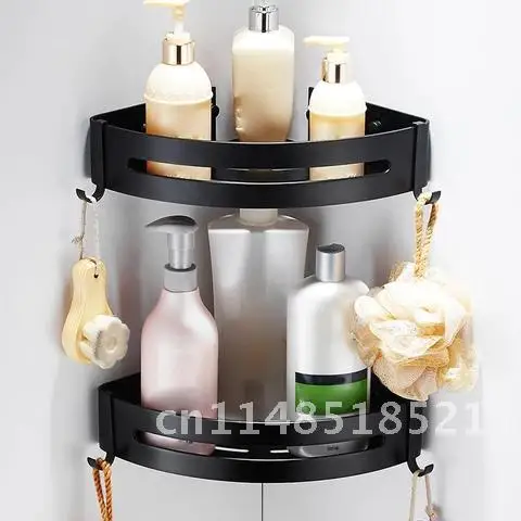 

Black Corner Shelves Triangle Towel Shower Storage Rack Wall Space-saving Punch-free/Punching Bath Holder with Hangers