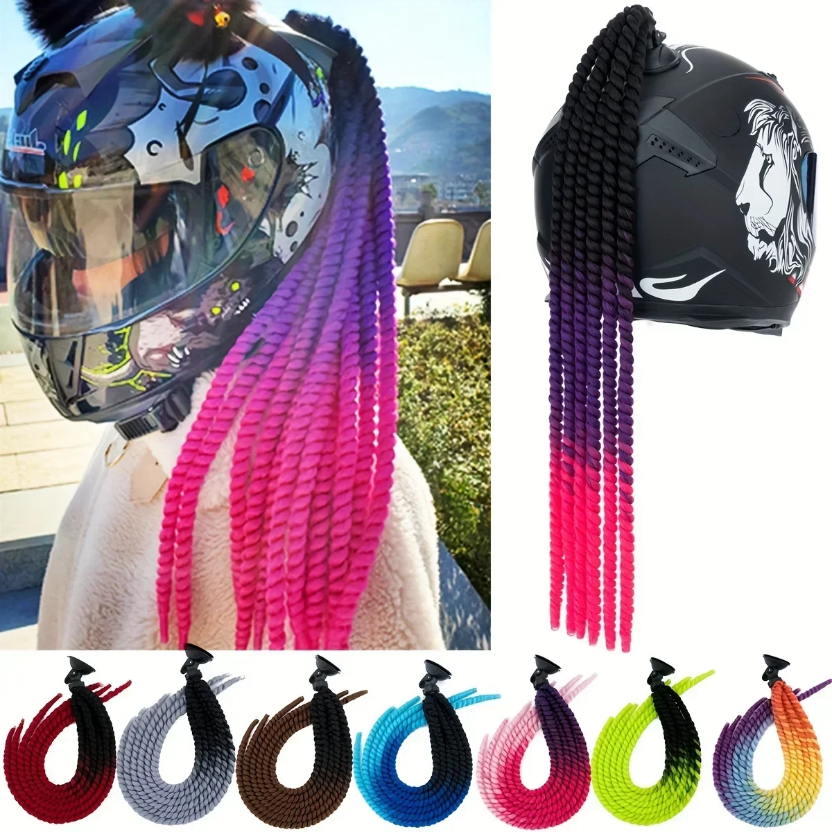 Helmet Ponytail Braid Pigtail Braid Pigtails Gradient Synthetic with Sucker for Women Motorcycle Helmet Motorcycle Accessories