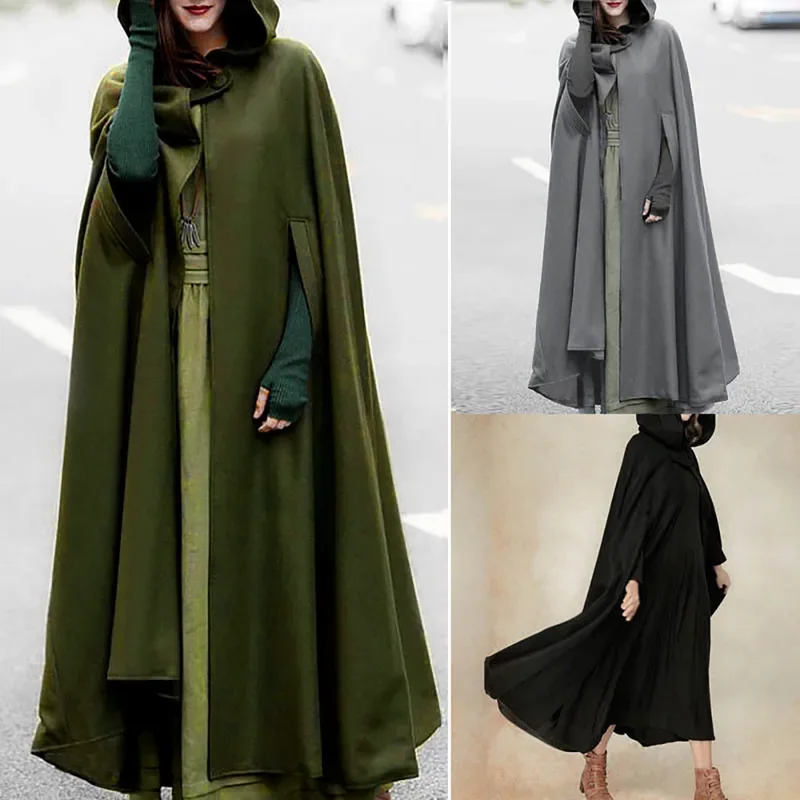 ZANZEA donna Poncho inverno con cappuccio aperto mantello anteriore sciolto solido cappotto lungo con cappuccio Cosplay Outwear natale Casual Cape