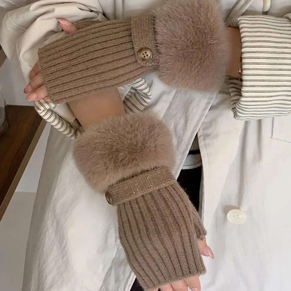 قفازات قطيفة بلون واحد لدراسة العمل قفازات محبوكة ناعمة بنصف إصبع قفازات محبوكة لحماية اليد قفازات مرنة بدون أصابع #3