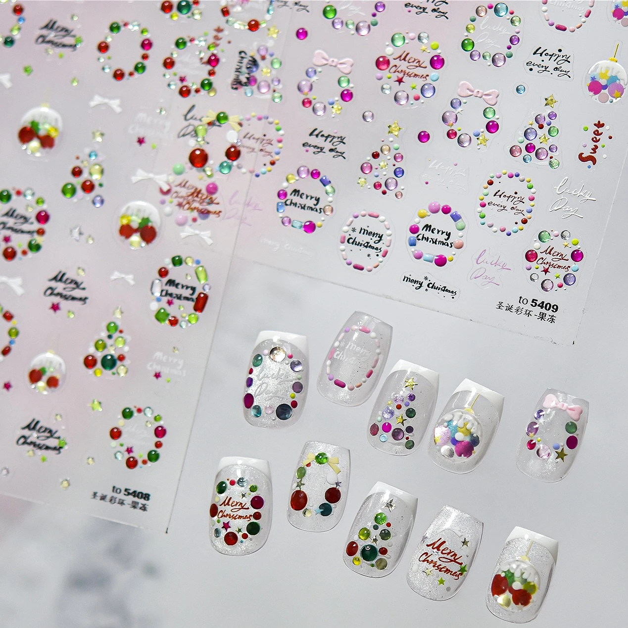 Gelatina Ghirlanda di Natale Bowknot Nastro colorato con sfera di cristallo Babbo Natale Fiocco di neve Pupazzo di neve Albero Inverno Nail Art Stickers Decalcomanie