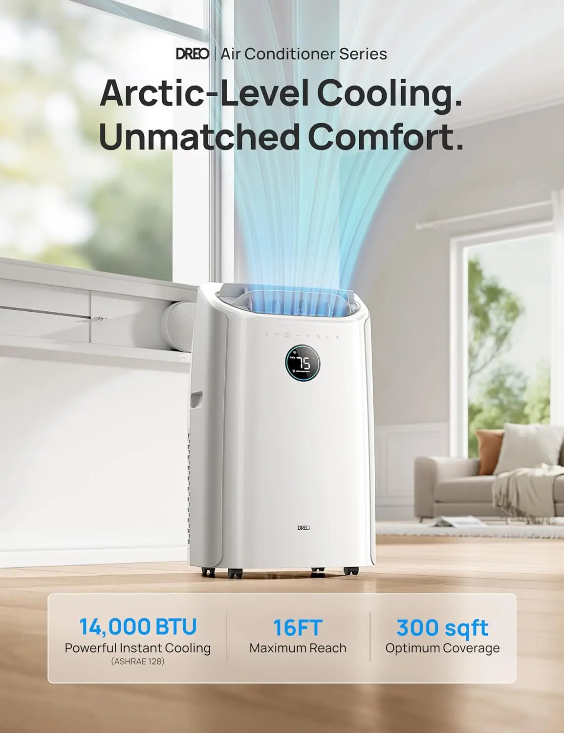 Dreo Portable Air Conditioners, 14000 BTU ASHRAE (10,000 BTU DOE) Smart AC Unit for Room with Drainage-free Cooling, APP/Voice/R