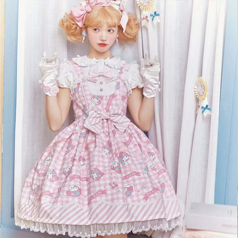 Japanese Sweet Kawaii Cartoon Meow Lolita Jsk Sleeveless Dress Rabbit Cute Suspender Dress Lace Princess Tea Party Dresses