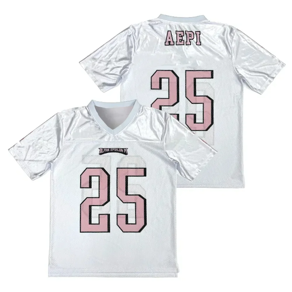 

“2025 AEPi 25 Pastel Rugby Jersey! Crisp White Base + Soft Pink ‘25’—‘Alpha Epsilon Pi’ Script for Unisex Preppy Sport Flair!”