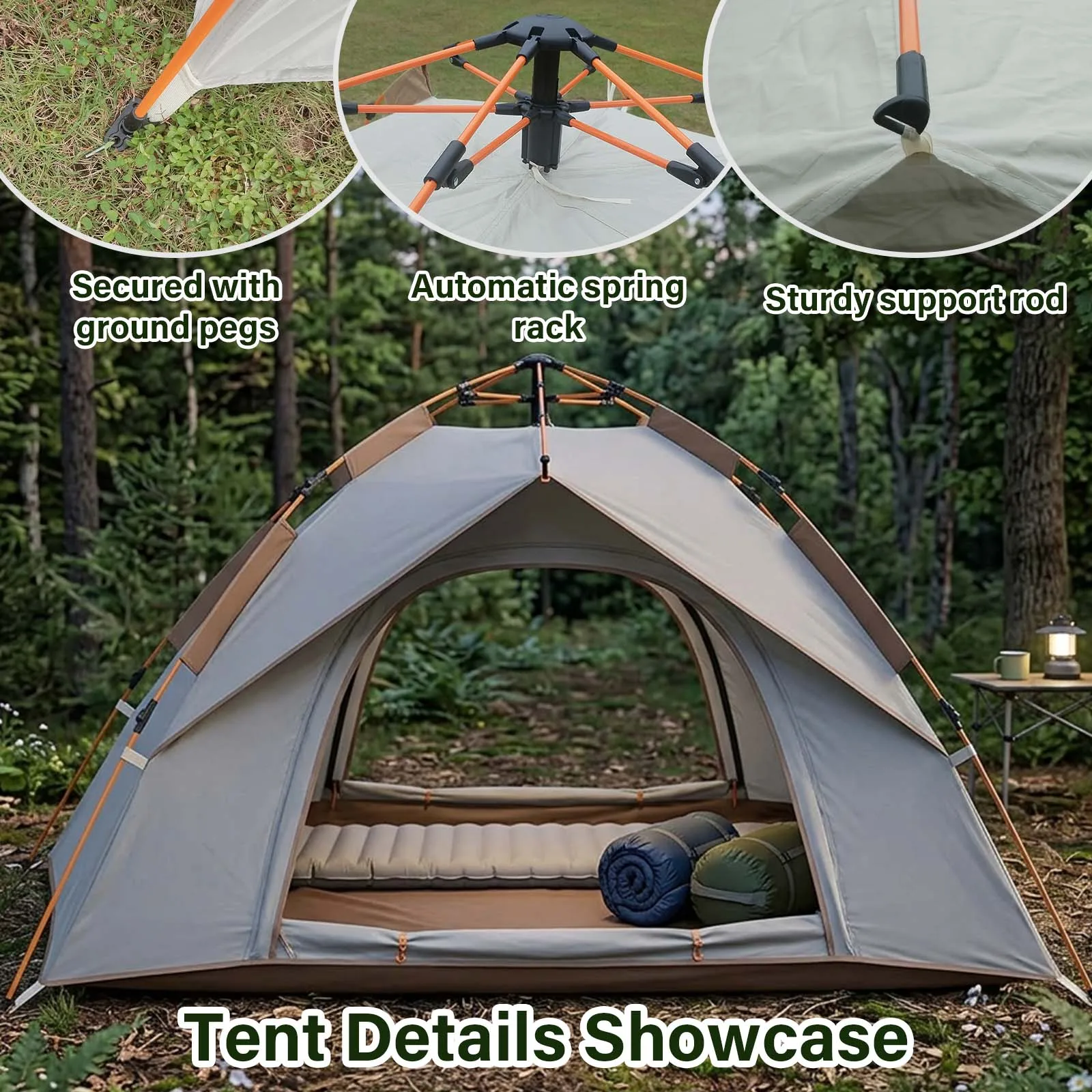 Pop Up Camping Tent Automatic Instant 2 Person Beige Dome Tent 2 Doors Mesh Door for Forest Night Glamping Outdoor Cozy view 3