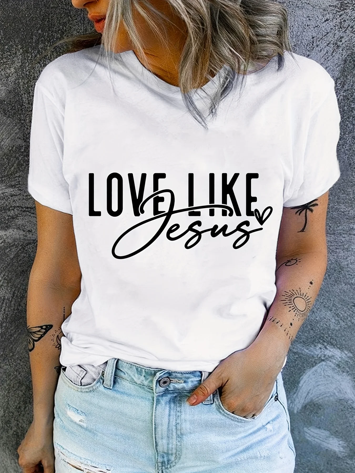 Love Like Jesus Print T-Shirt, Short Sleeve Crew Neck Casual Top For Summer & Spring, Women\'s Clothing