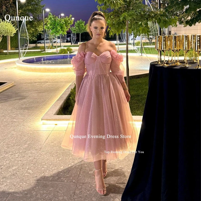 

Qunque Shiny Tulle Long Sleeves Evening Dress Tea Length Prom Gowns Sweetheart With Flowers Corset Vestidos De Fiesta Customized