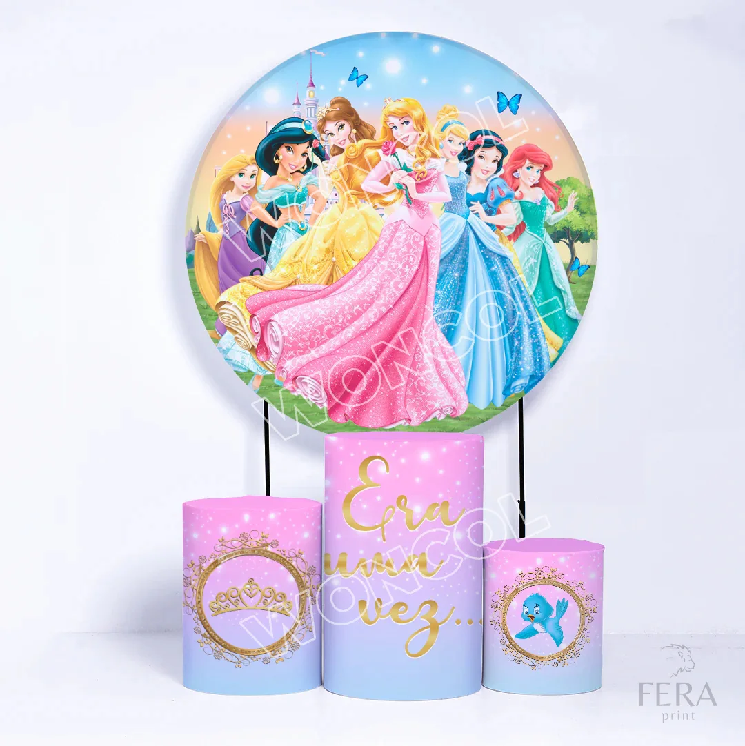 Princess Birthday Round Cover Aurora Snow White Belle Rapunzel Cinderella Ariel Backdrop Disney Princess Cylinder Cover Decor