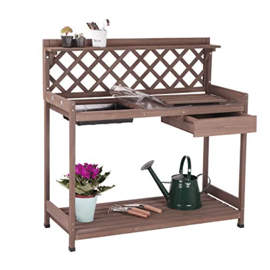

Potting Bench with PVC Layer, Outdoor Gardening Work Bench with Sink Lid, Wooden Planting Table for Outside with Storage, Drawe