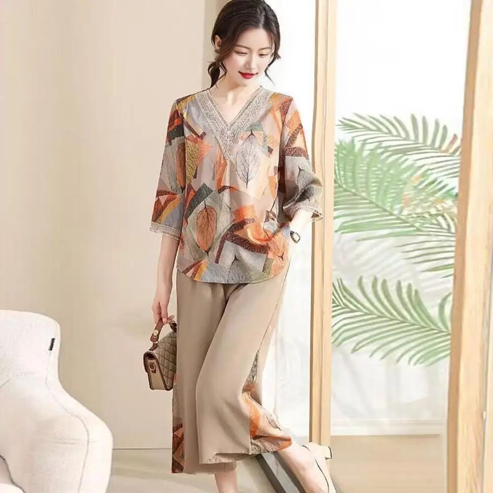 Casual Two-piece Suit Mid-aged Women's Leaf Print T-shirt Trousers Set Stylish V Neck Hollow Out Top with Wide Leg for Daily