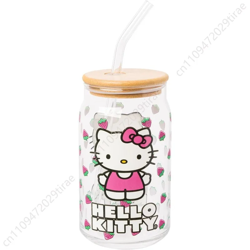 

Sanrio Hello Kitty Strawberry Glass Jar Tumbler with Bamboo Lid and Glass Straw, 16 Ounces