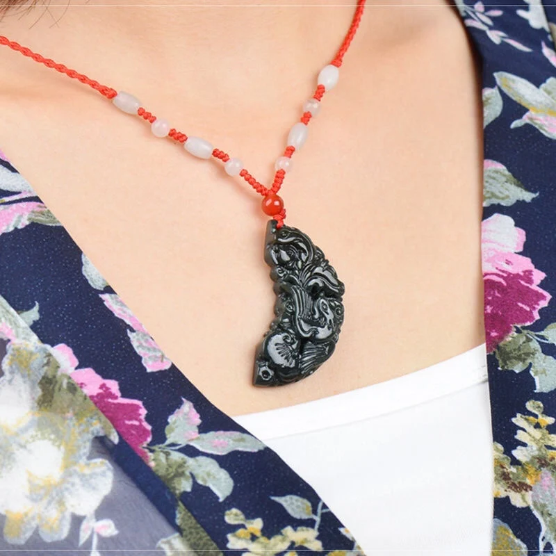 Natural Hetian Jade Qing-Jade Dragon Phoenix Exquisite Carving Pure Handmade Delicate FengShui Amulet Pendant Necklace Jewellry
