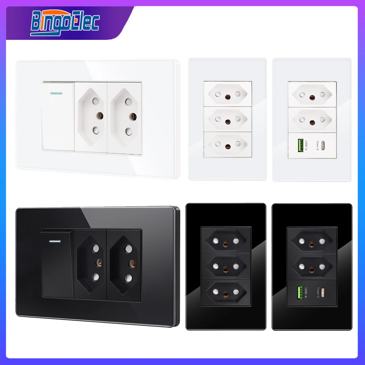 Bingoelec Brazil 10A 20A Socket with Switch 118mm*72mm Tempered Glass Panel Socket with USB and Type-C, BR Usb Wall Outlet