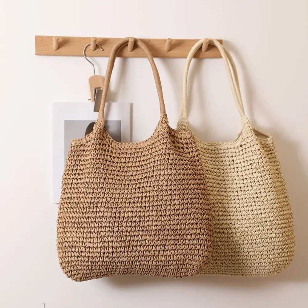 

Summer Straw Tote Bag Woven Solid Color Beach Bag Square Large Capacity Casual Shoulder Bag