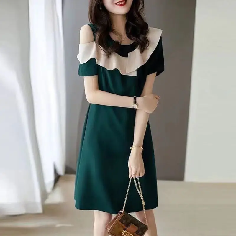 Fashion Off Shoulder Midi Dress Elegant Ruffles Spliced Summer Asymmetrical Women\'s Clothing A-Line Basic Solid Color Dresses