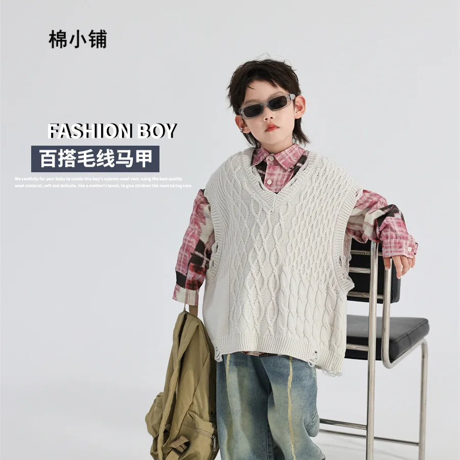 

Children Clothing Boys Korean Style Vest 2025 Autumn New Boys Handsome Fashion Sleeveless Knitted Vest All Match Loose Top