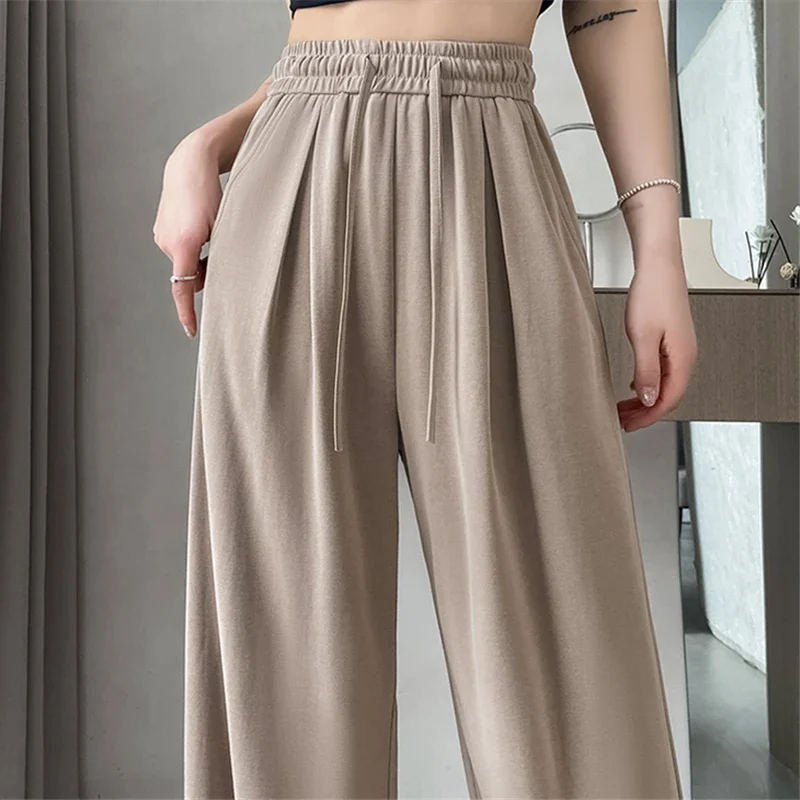 Seoulish 2024 New Summer Women's Casual Pants High Waist Solid Minimalism Loose Floor Length Wide Leg Trousers Female