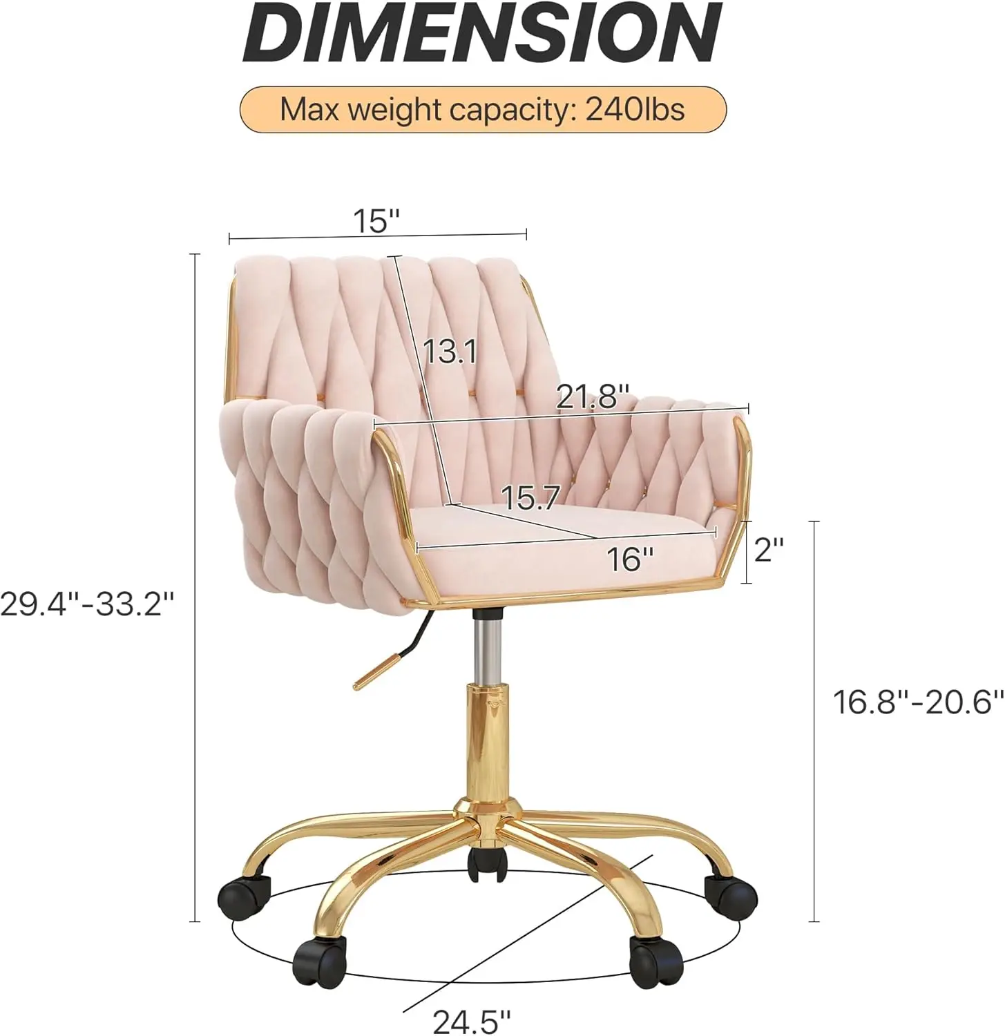 Velvet Home Office Chair, Modern Height Adjustable Cute Vanity Chair, 360° Swivel Makeup Chair Desk Chair with Golden Base image 3