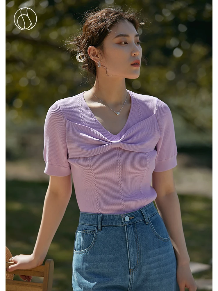 DUSHU Bow V-Neck Knitted T-shirt Slightly Fat Lady Pullover Shirt Office Lady Solid Stretch Front Shoulder Slim Short Sleeve Top