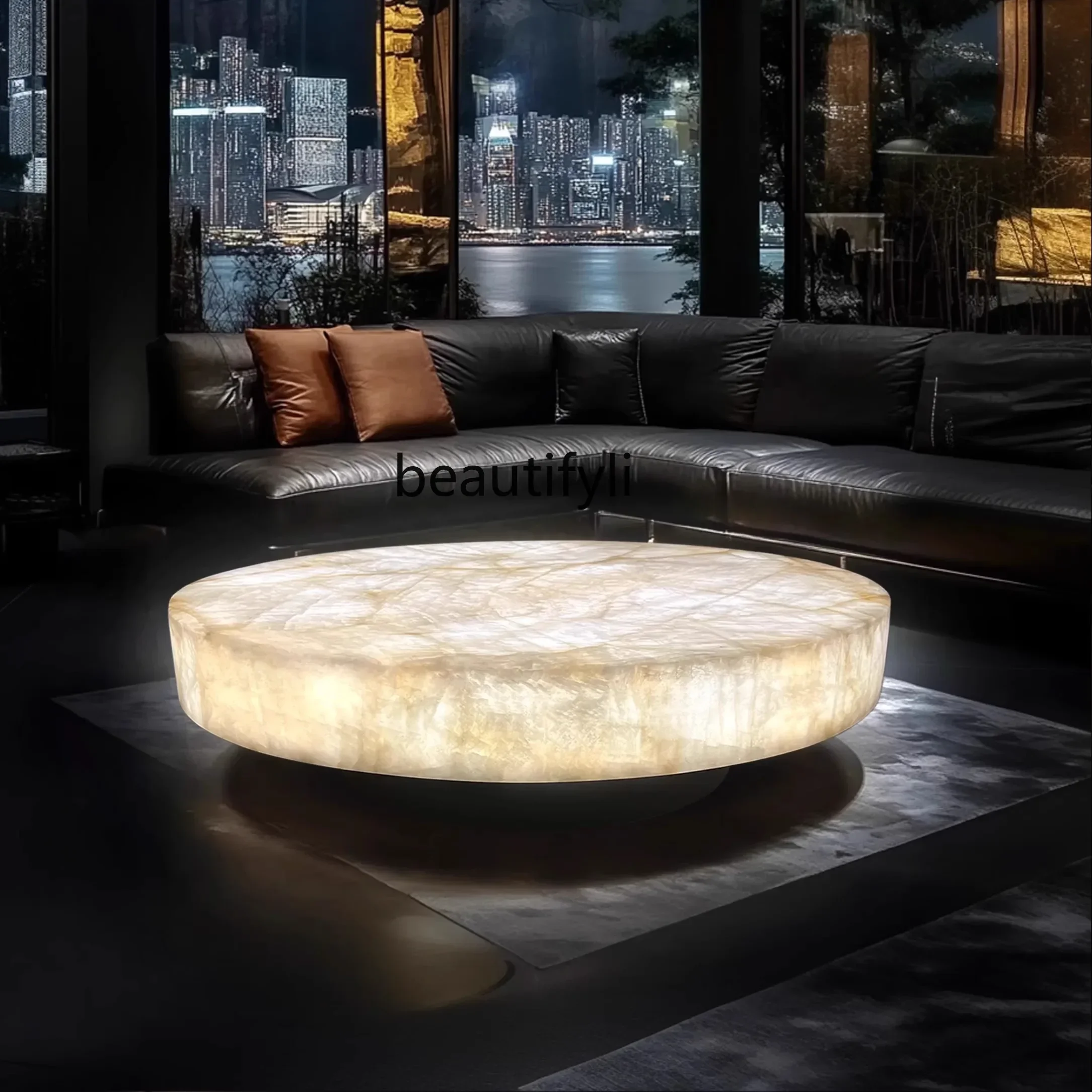 

Round luminous coffee table living room white ice jade, marble, minimalist mansion, jade table