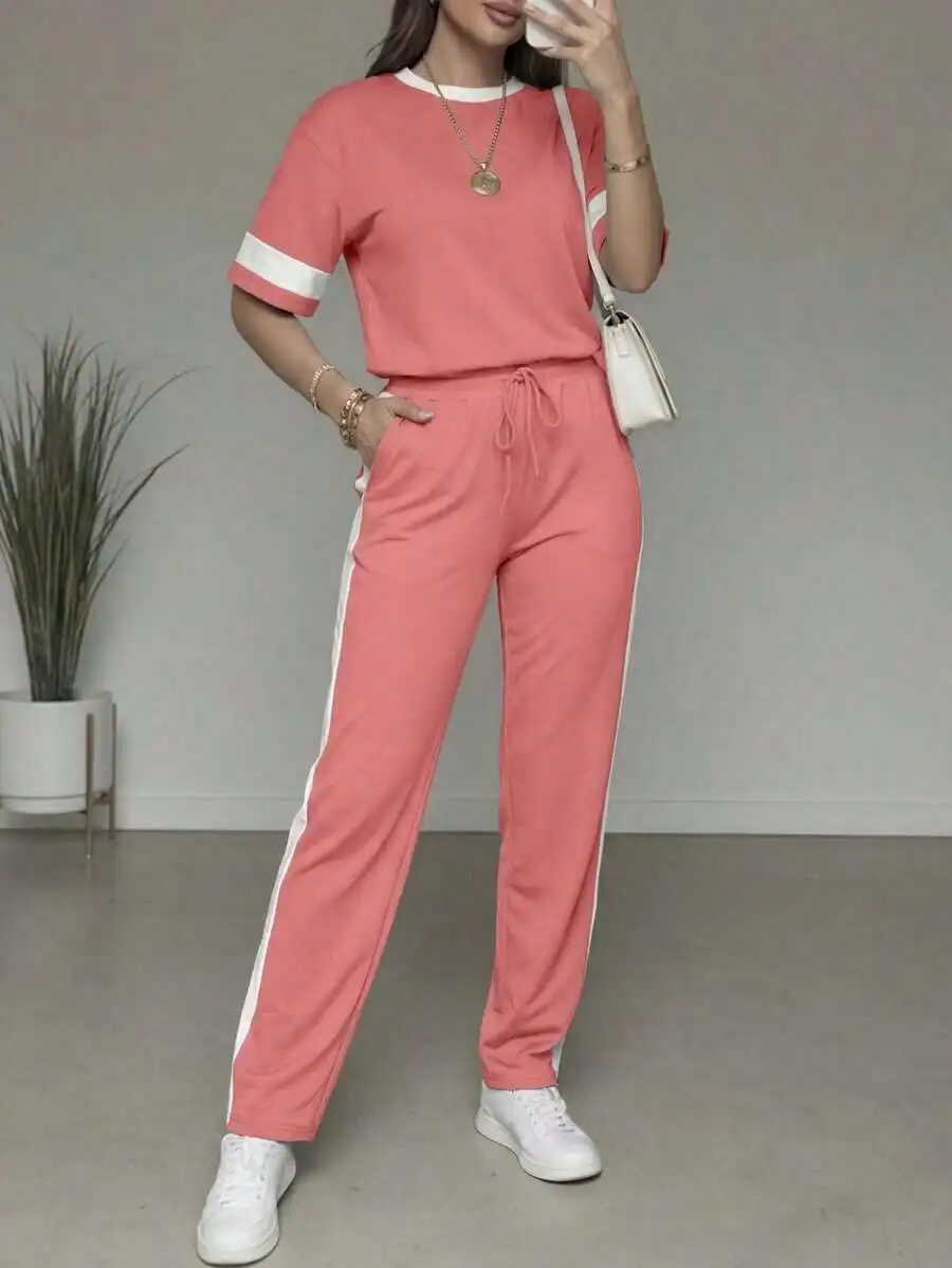 

2pcs Women Casual Colorblock Round Neck Short Sleeve Top And High Waist Drawstring Straight Leg Pants Pink