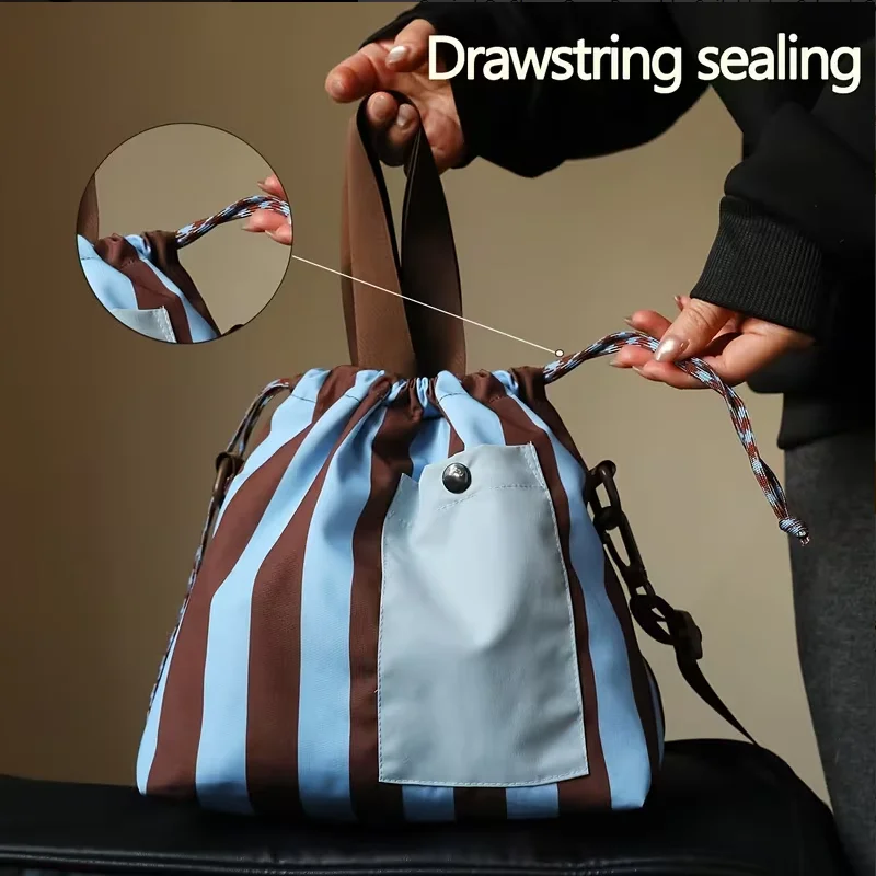 1pc Striped Insulated Lunch Bag Versatile Portable Bento Bag with Drawstring Seal Thick Aluminum Foil with Shoulder Strap