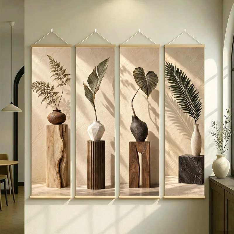Wall Art Preserved Alocasia Leaf and Preserved Fern Leaf, Wabi-Sabi Silver Shimmer Canvas Hanging Scroll for Boutique Hotel