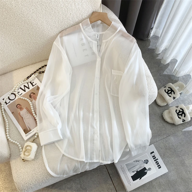 

Белая шелковая женская летняя новая дышащая тонкая модная верхняя одежда из жоржета для защиты от солнца и кондиционирования воздуха