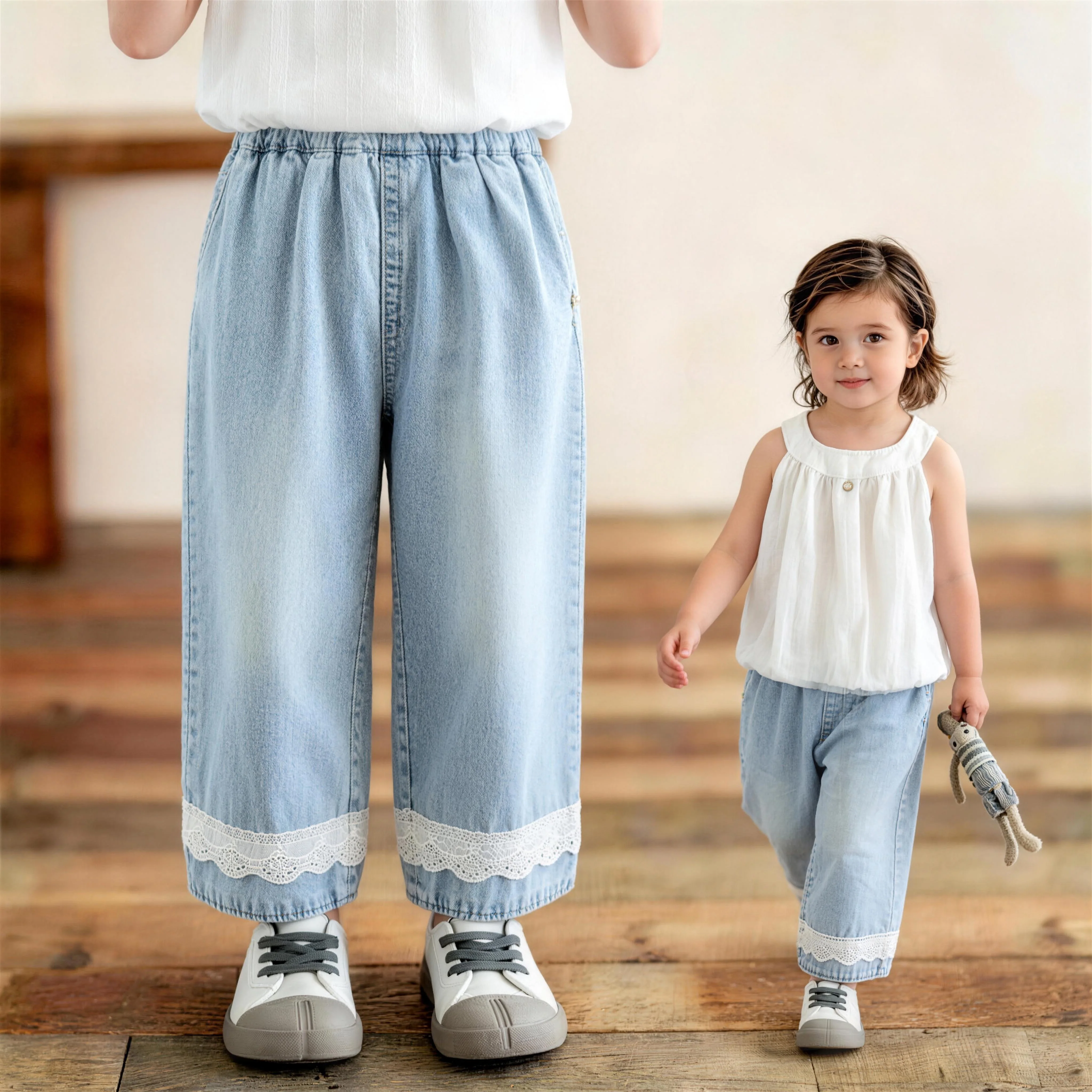 Girls' Lace Denim Pants-2026 New Summer Baby Lightweight Trendy Korean-Style Casual Pants for Baby Summer Clothing